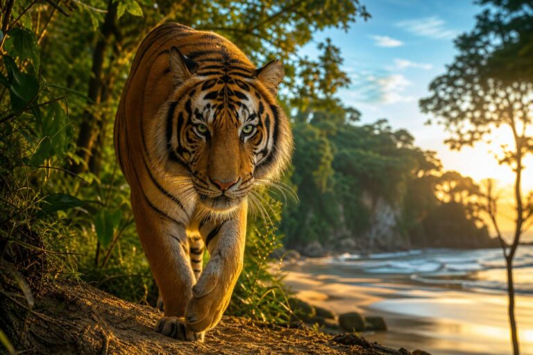 Tigre majestueux aux yeux verts dans la lumière tachetée de la jungle, puissant et sauvage