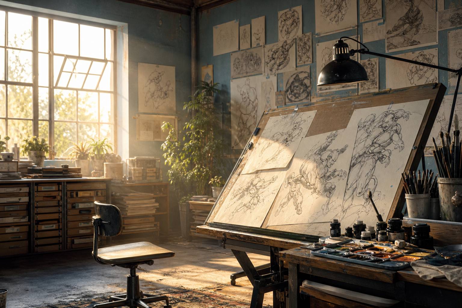 Atelier d'illustrateur de comics avec table à dessin inclinée et croquis dynamiques épinglés au mur