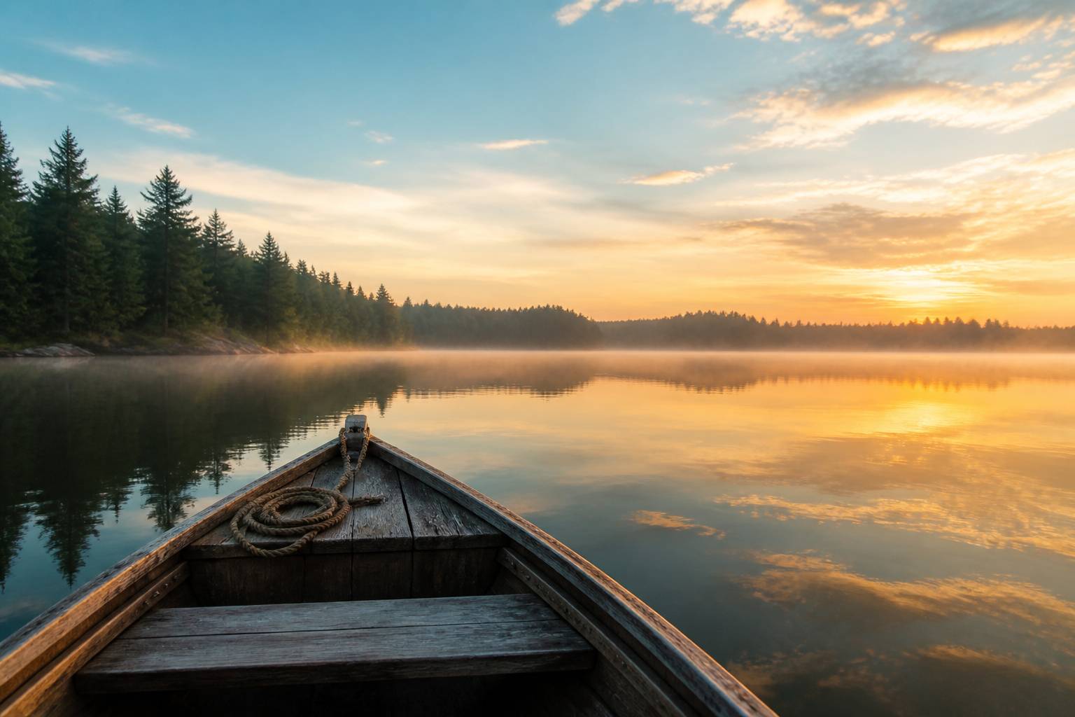 Avant d'une barque en bois sur eau calme avec reflets du ciel et de la forêt