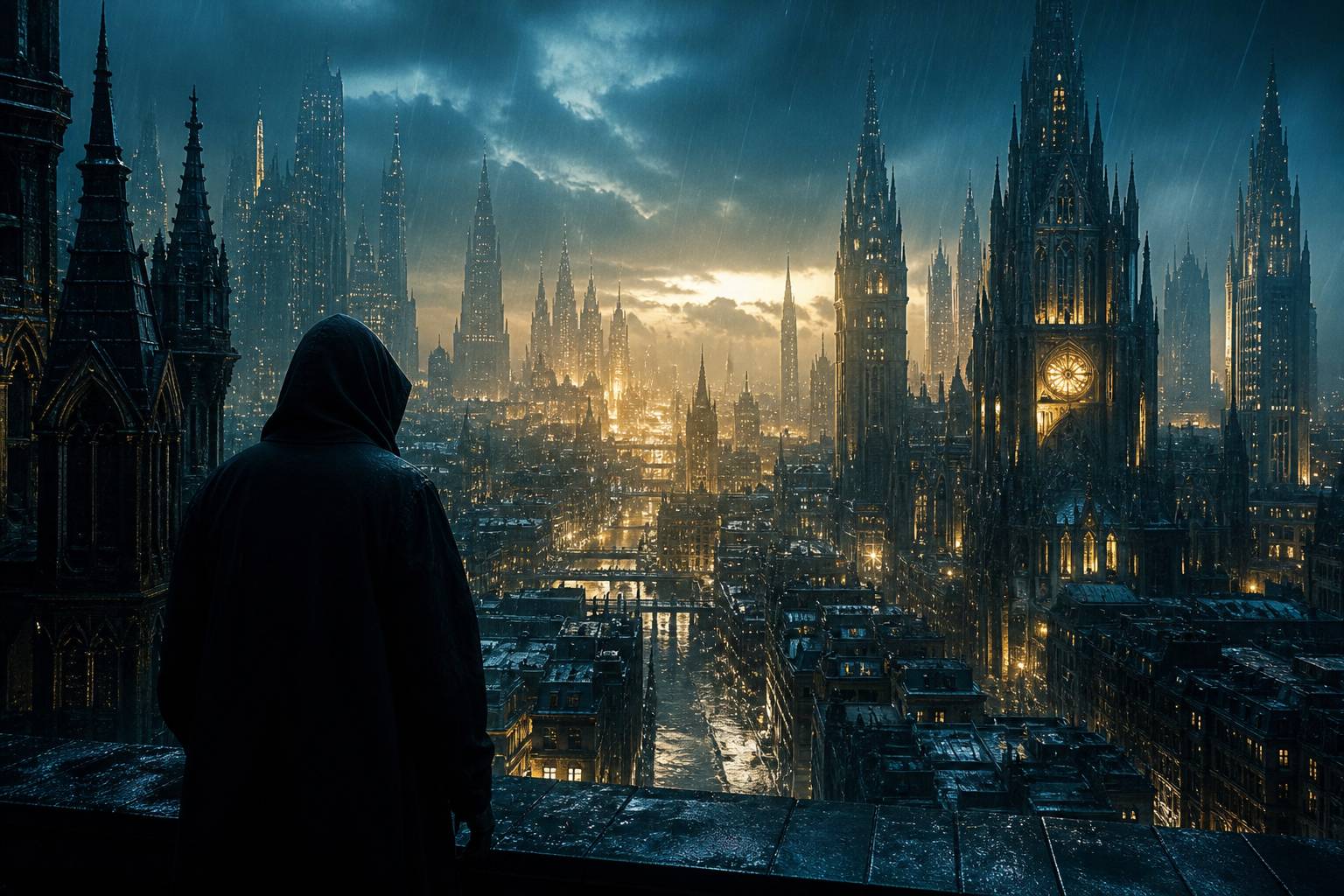 Ville gothique nocturne avec une silhouette encapuchonnée au bord d'un toit
