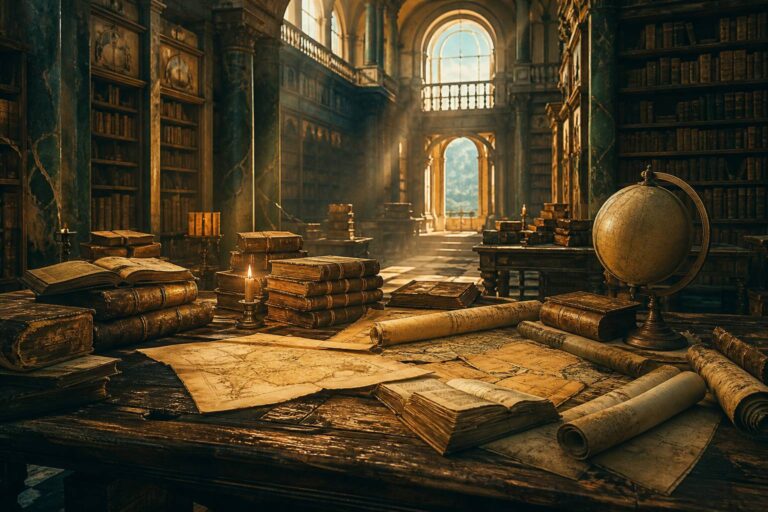 Table de bibliothèque ancienne avec livres, cartes et bougie