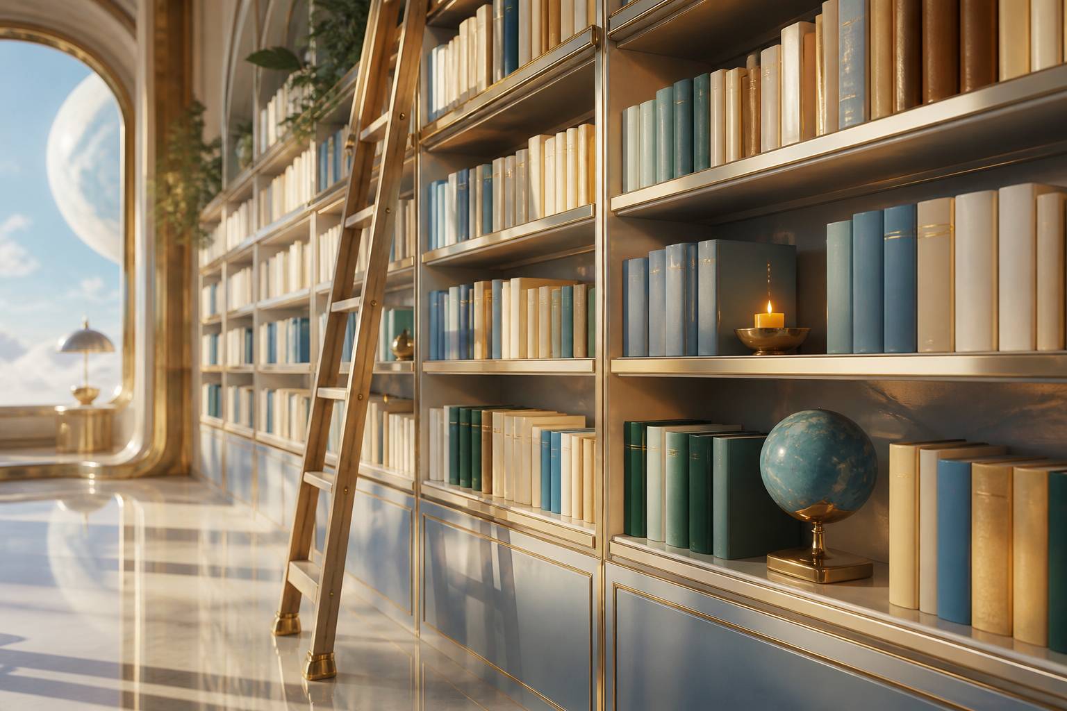 Rayonnages de livres de poche avec sphère céleste dans une bibliothèque
