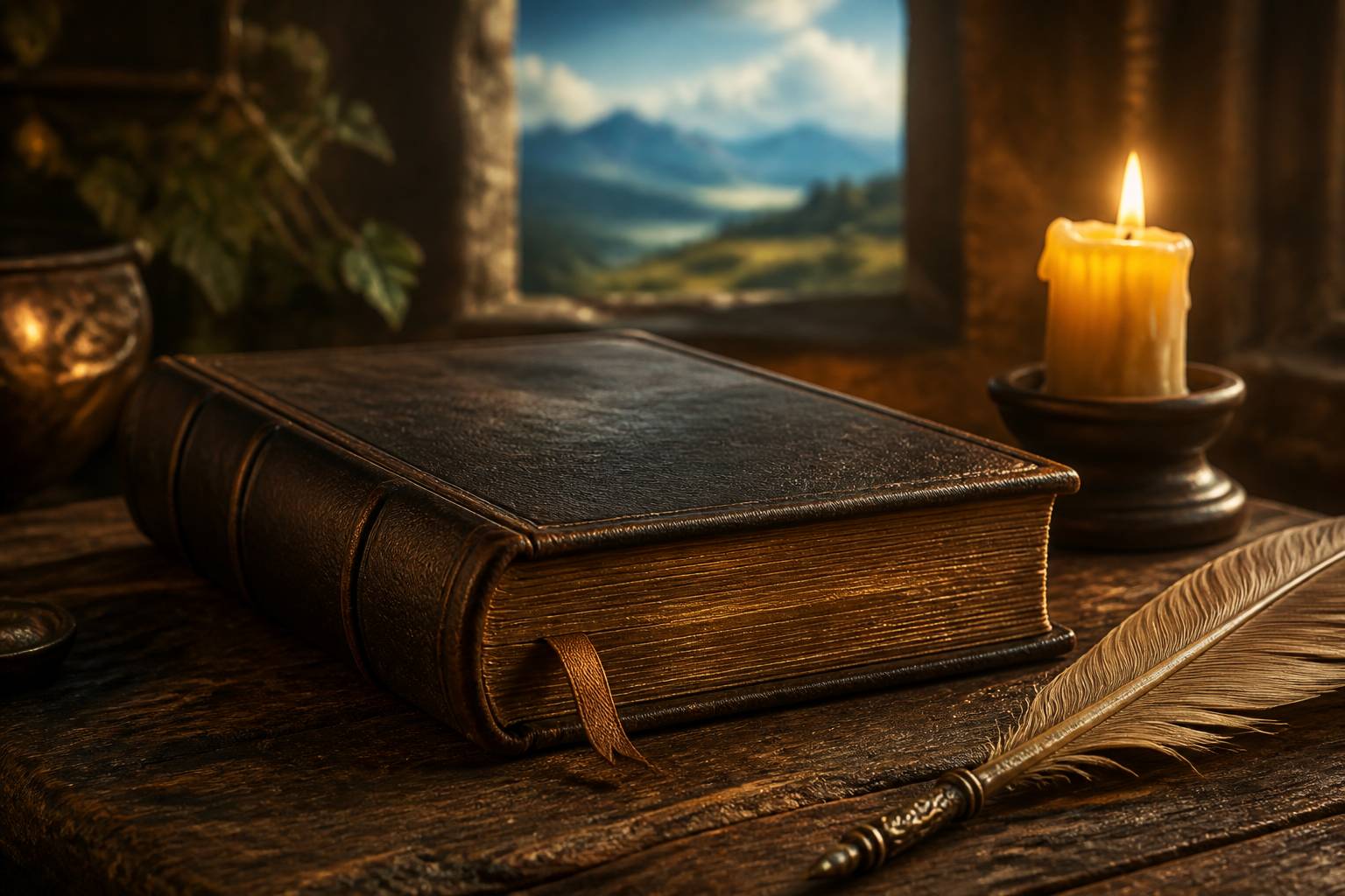 Livre ancien à couverture de cuir sombre avec plume et bougie allumée