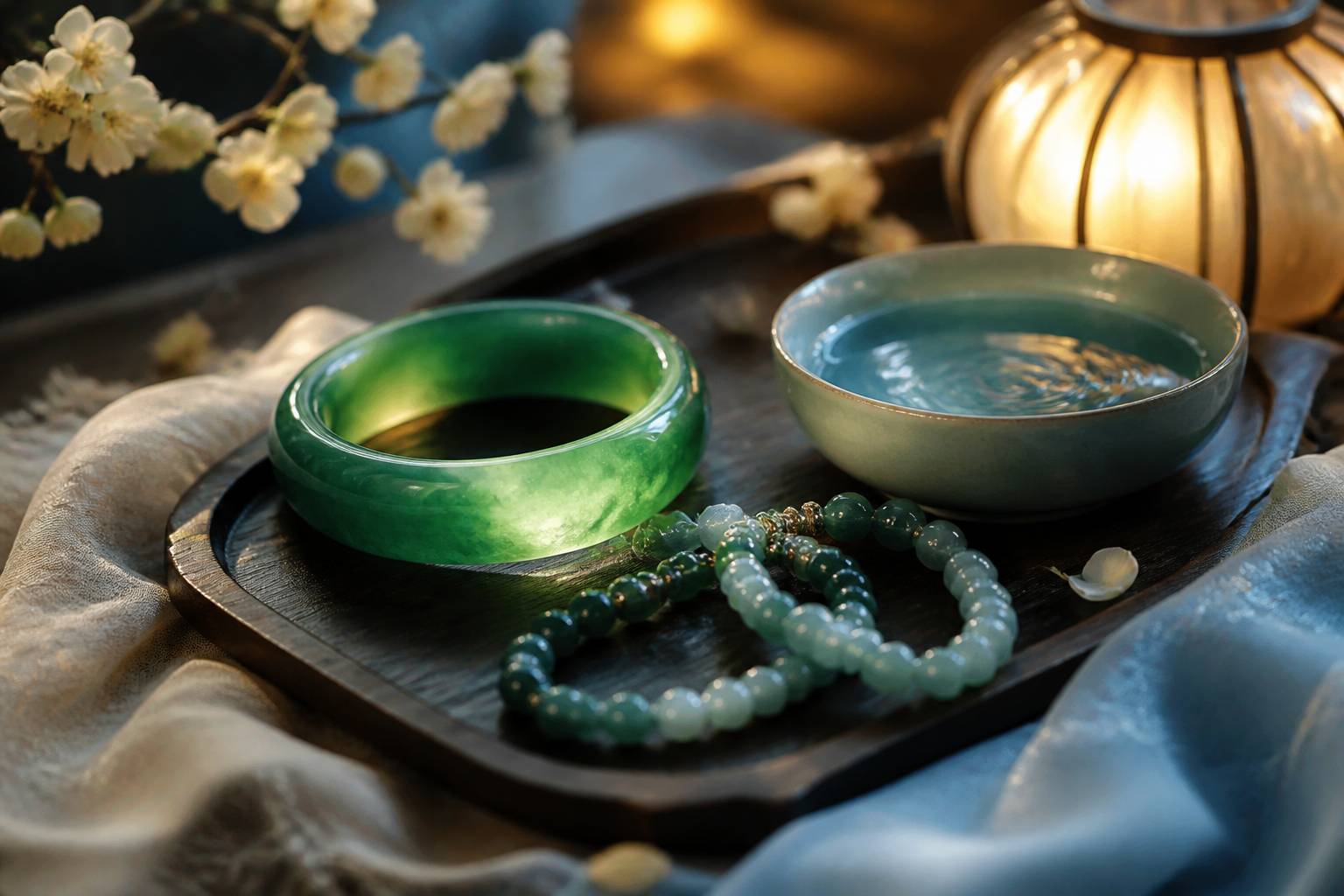 Jonc traditionnel et perles de jade vert disposés sur un plateau en bois