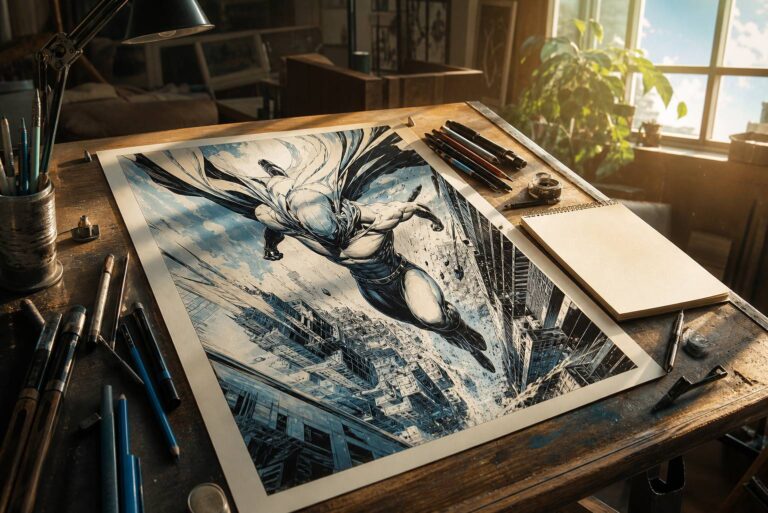 Planche de bande dessinée avec super-héros fictif en action sur une table d'artiste éclairée