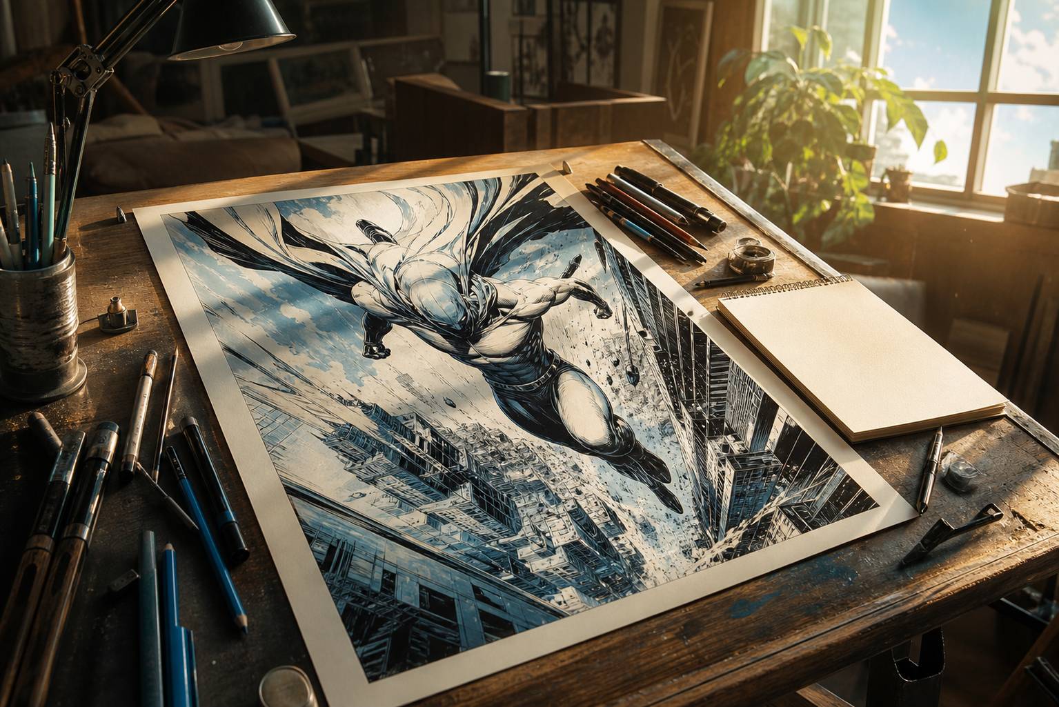 Planche de bande dessinée avec super-héros fictif en action sur une table d'artiste éclairée