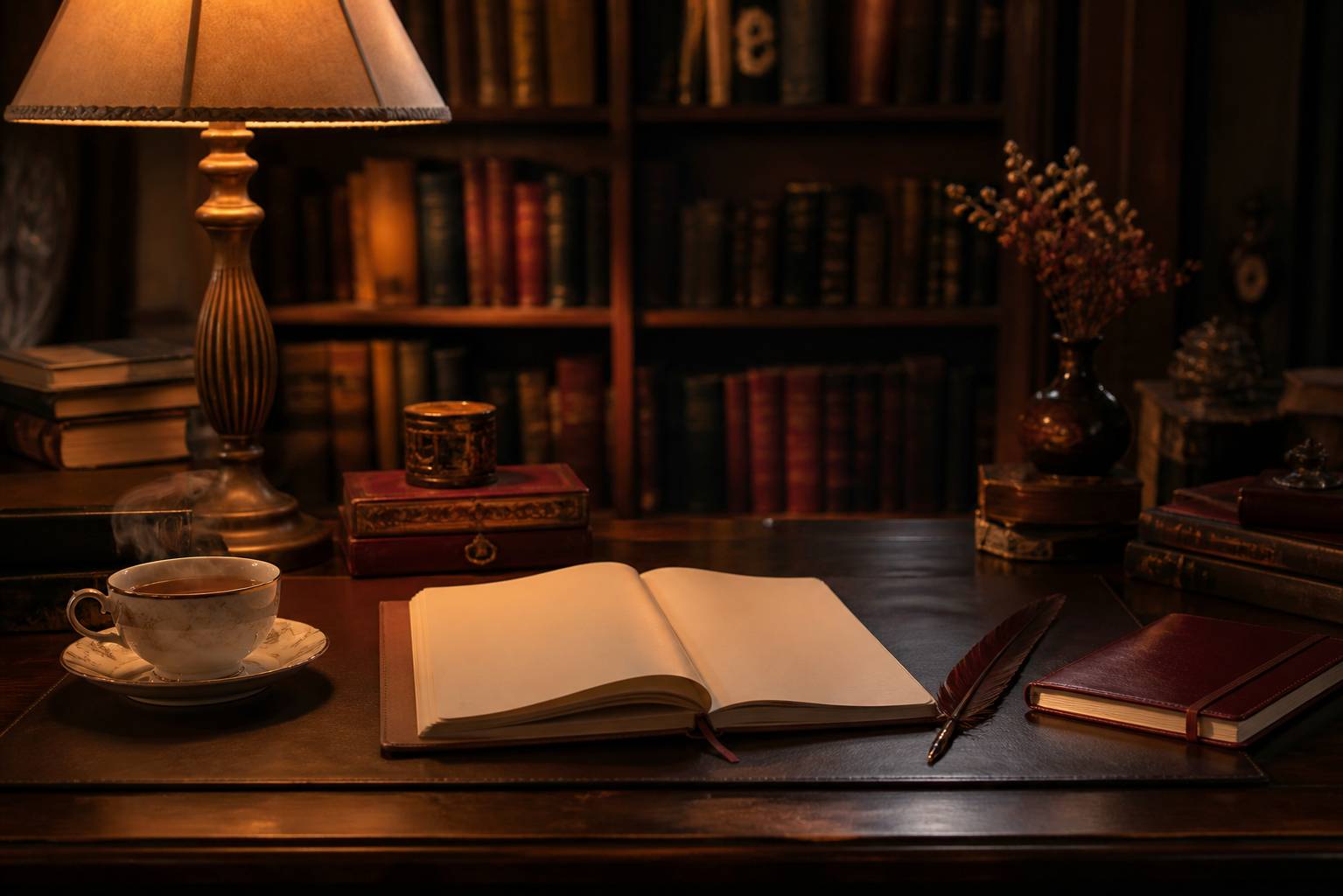 Bureau d'écriture cosy avec manuscrit ouvert, tasse de thé et bibliothèque de romans fantastiques