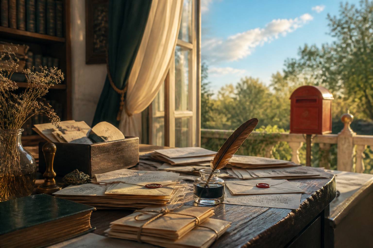 Bureau d'écrivain ancien avec lettres jaunies, plume et boîte aux lettres rouge