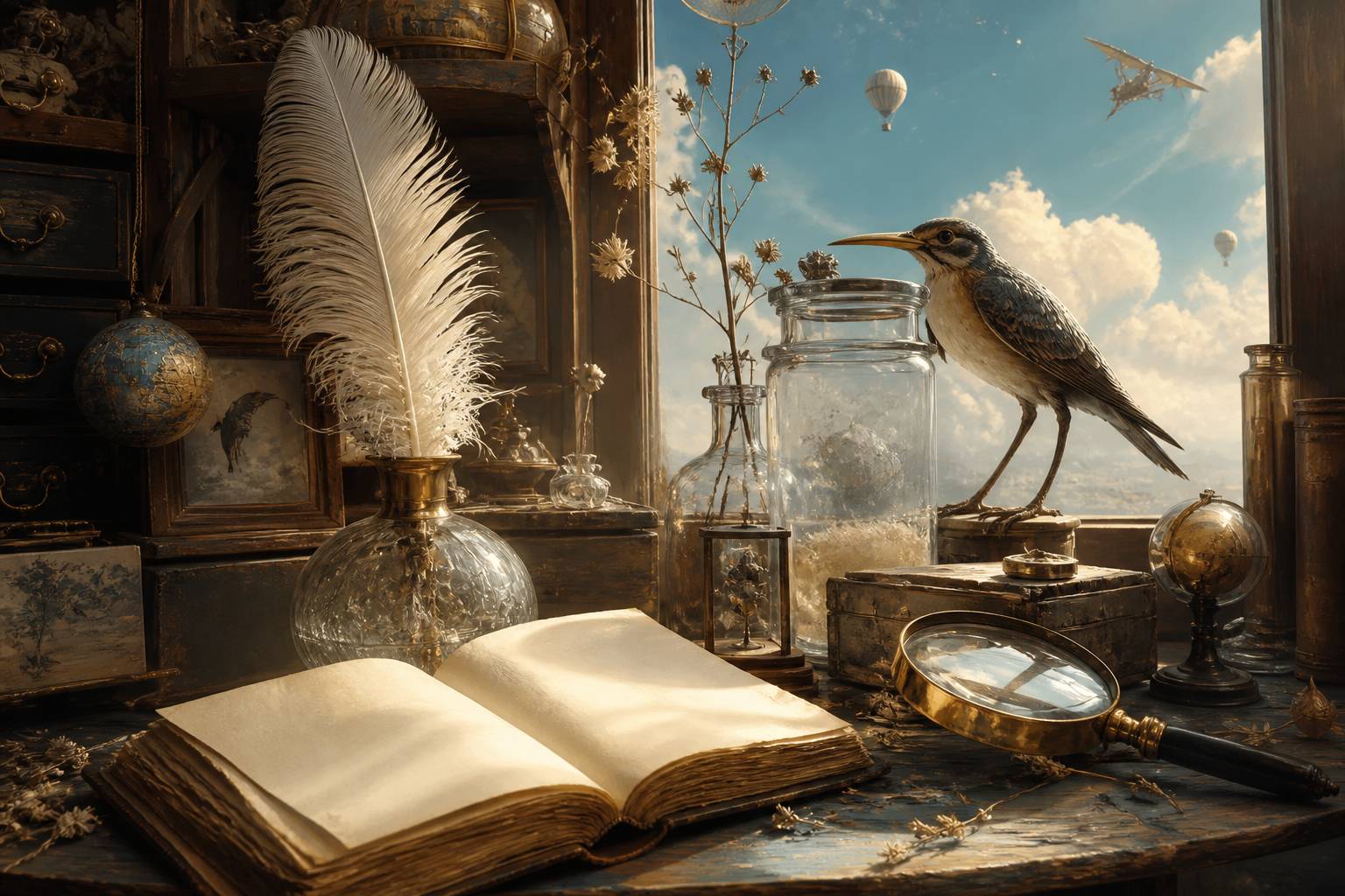 Cabinet de curiosités avec une plume blanche et un livre d'ornithologie