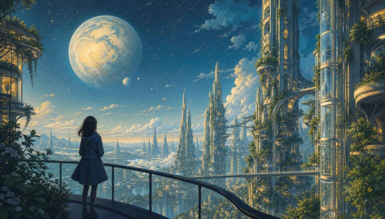 Ville futuriste verticale sous un ciel étoilé avec une silhouette d'adolescente contemplant une planète
