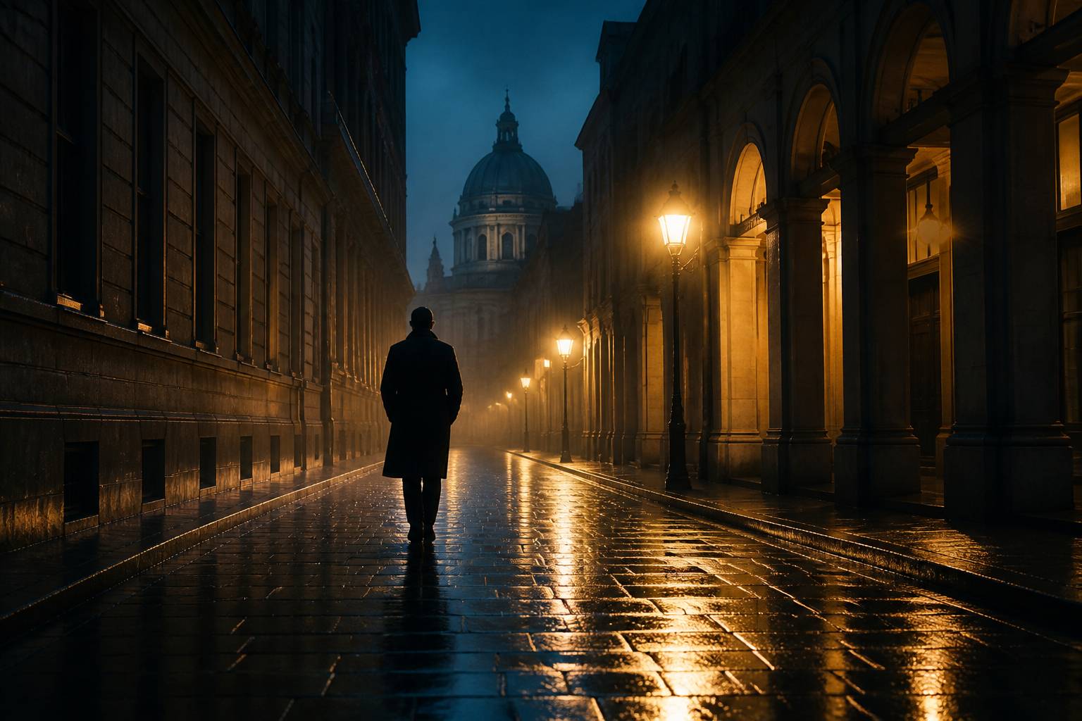 Ruelle sombre éclairée par un réverbère avec une silhouette en imperméable