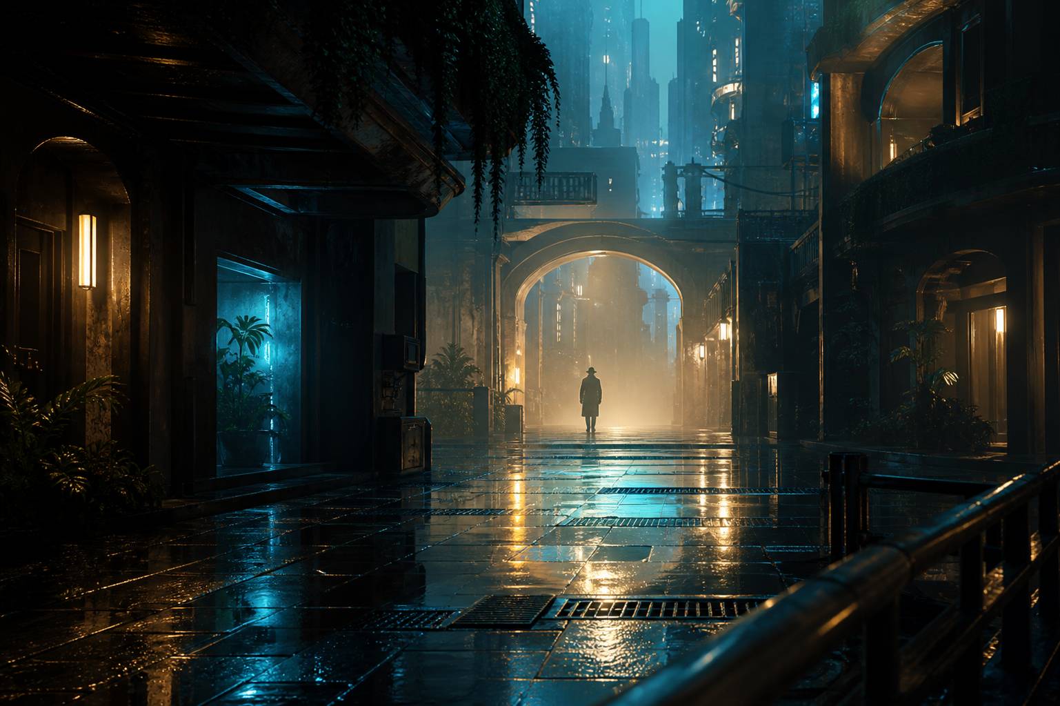 Ruelle futuriste avec silhouette d'enquêteur sous les néons