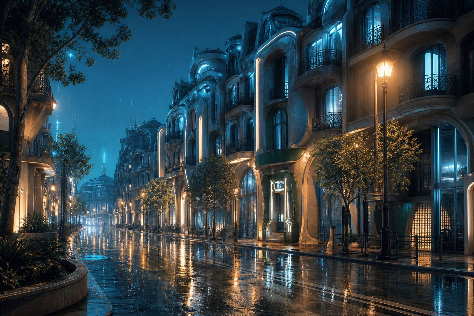 Rue parisienne futuriste sous la pluie avec néons bleutés la nuit
