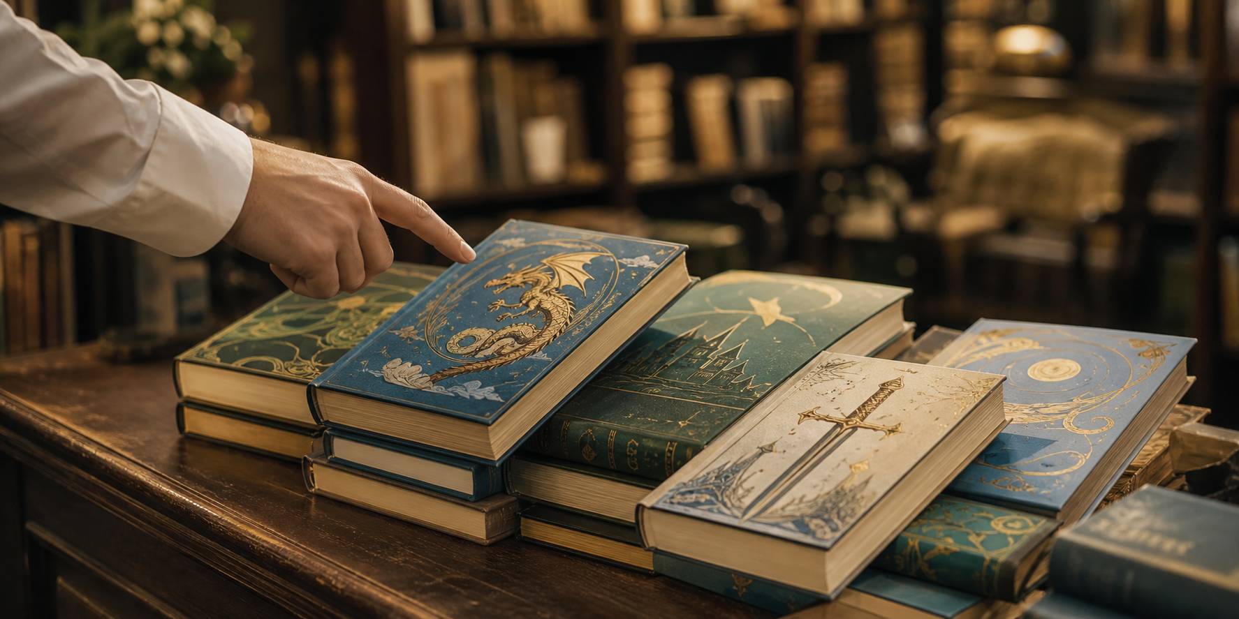 Pile de romans imaginaires sur un comptoir de librairie avec main de libraire
