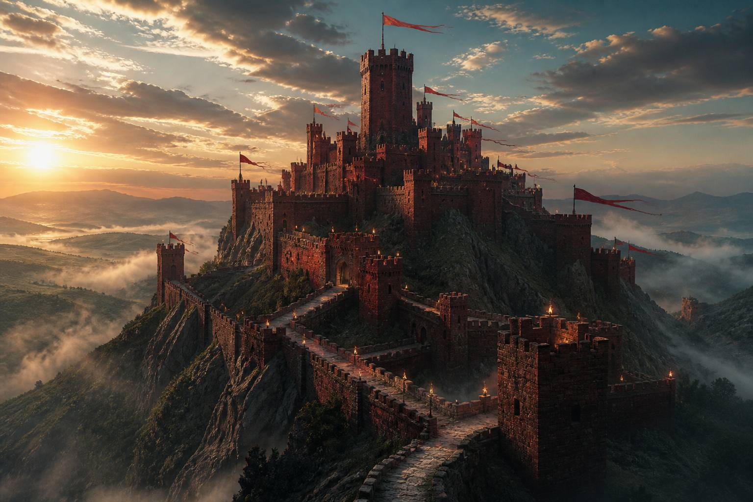 Forteresse médiévale fantastique en pierre rouge au crépuscule