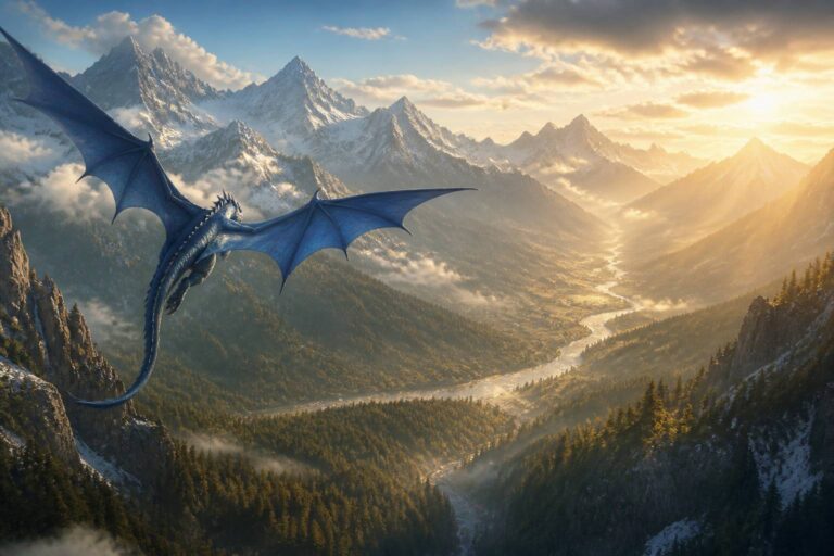 Grand dragon bleu aux ailes déployées volant au-dessus d'une vallée montagneuse fantasy au coucher du soleil