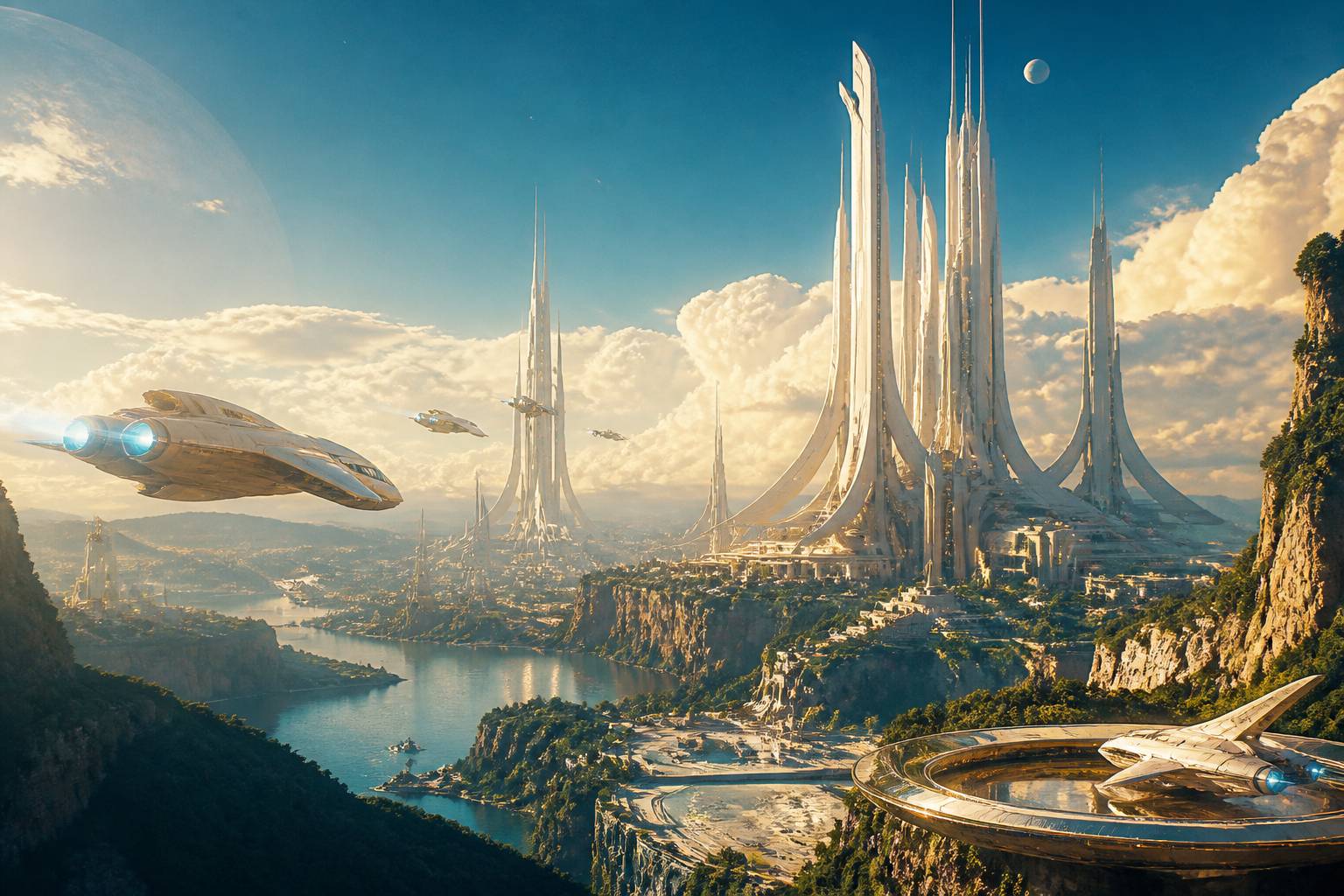 Vaisseaux spatiaux survolant une planète aux architectures colossales et lumineuses