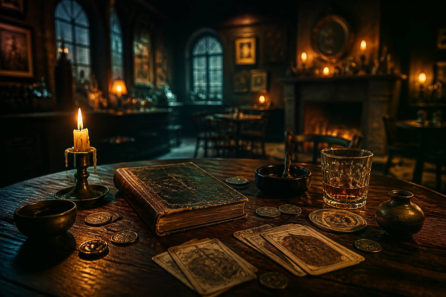 Vieux livre de magie, cartes de tarot et bougie sur une table de pub