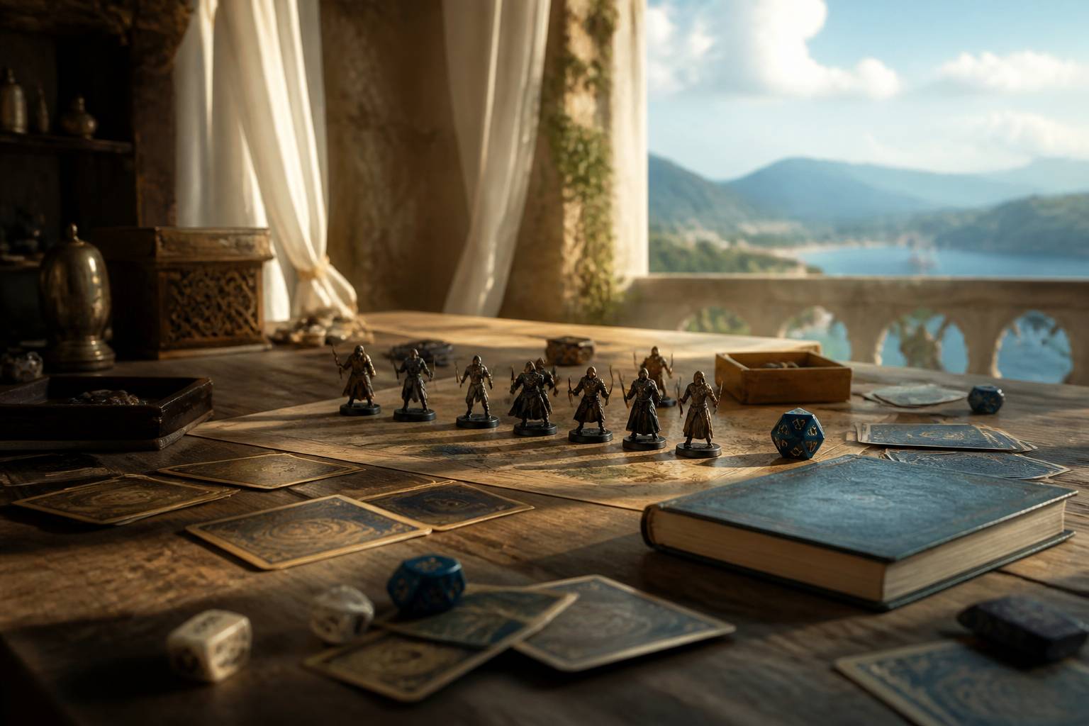 Figurines de fantasy peintes, dés et cartes disposés sur une table de jeu