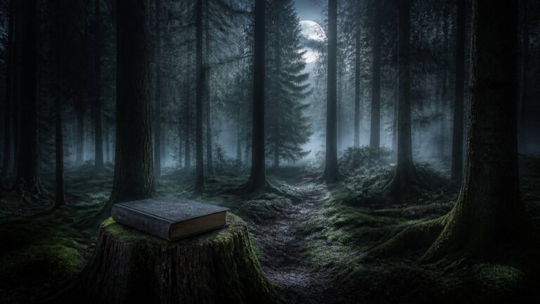 Forêt de conifères brumeuse sous une lune argentée avec un livre ancien posé sur une souche moussue
