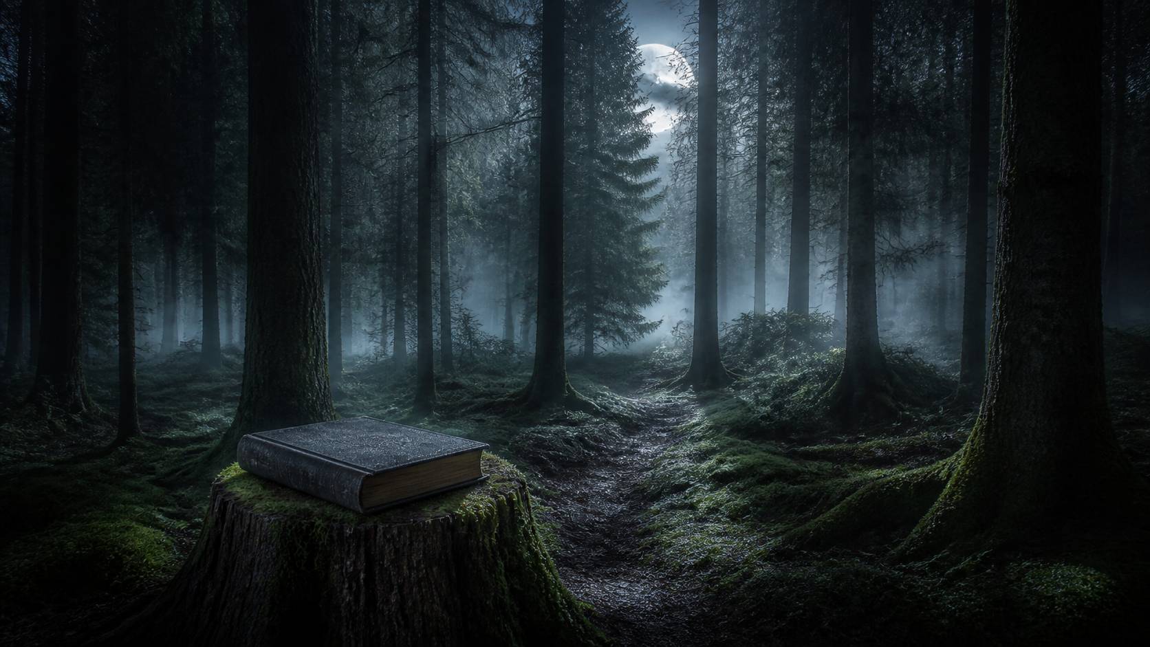 Forêt de conifères brumeuse sous une lune argentée avec un livre ancien posé sur une souche moussue