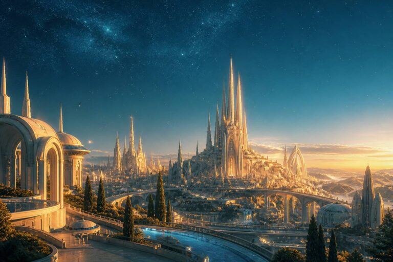 Cité futuriste monumentale sous un ciel étoilé, ambiance de science-fiction épique