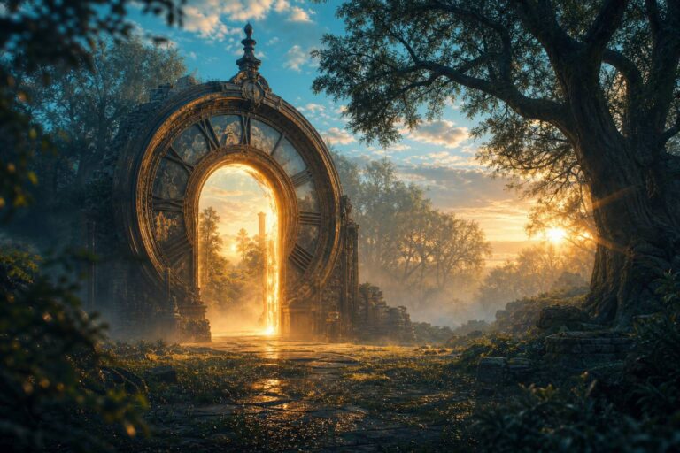Horloge ancienne monumentale dans une clairière brumeuse avec portail lumineux doré au crépuscule