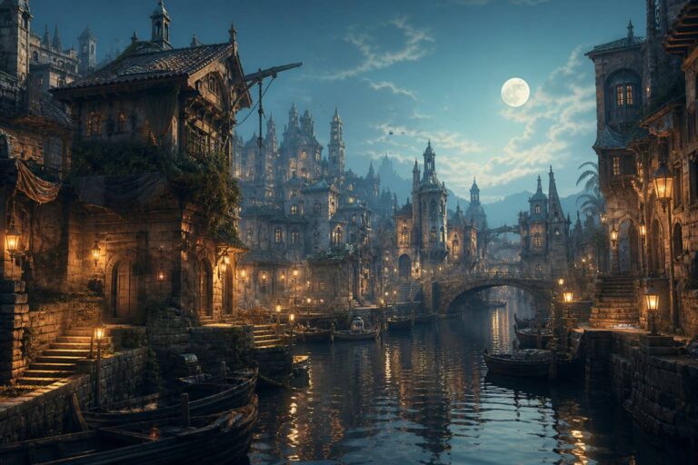 Ville de fantasy au bord de canaux sous une lune pâle