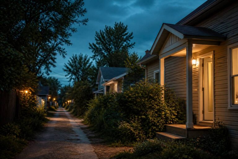 Rue résidentielle au crépuscule avec porches éclairés et porte entrouverte