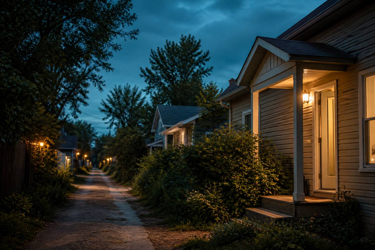 Rue résidentielle au crépuscule avec porches éclairés et porte entrouverte