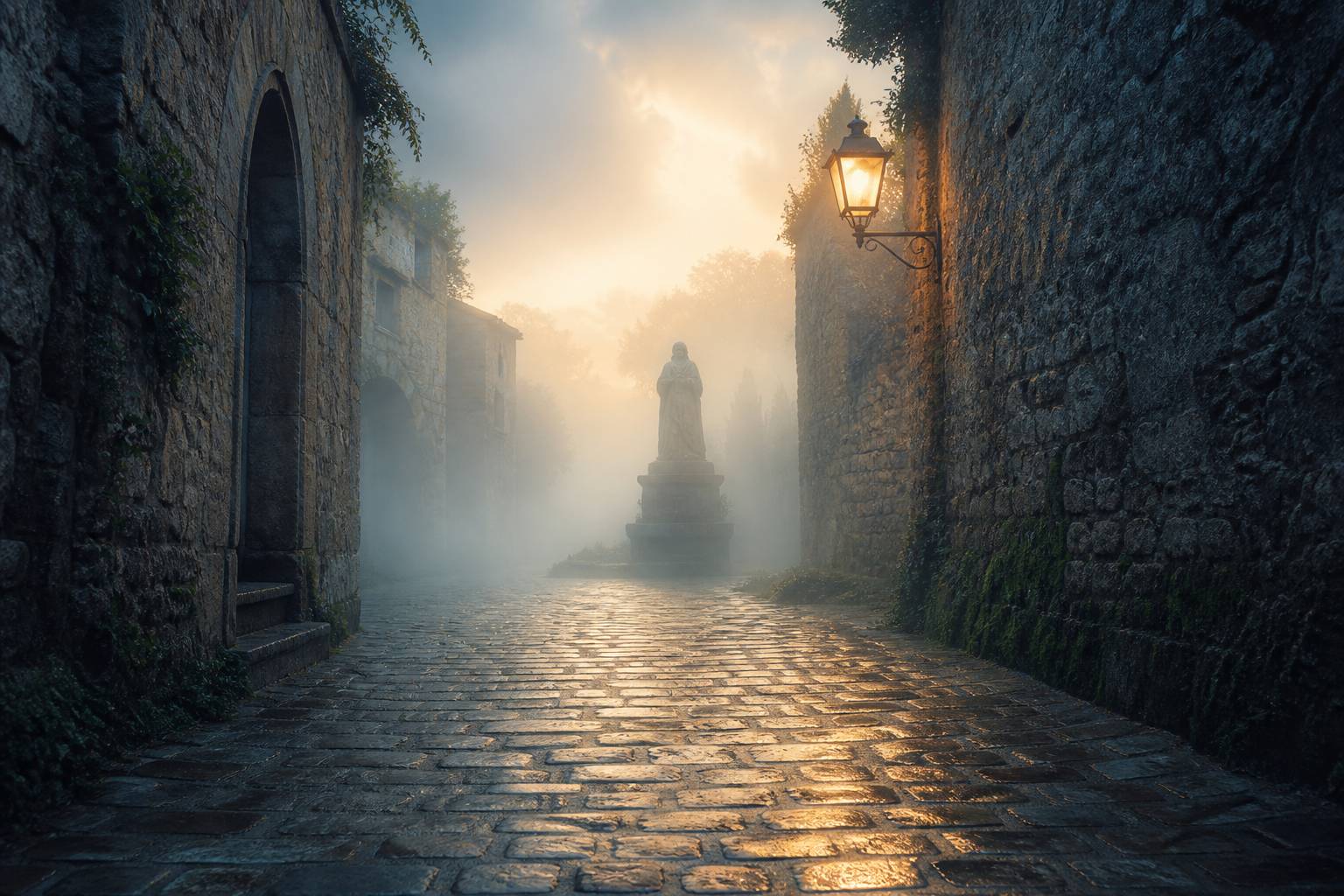 Ruelle pavée brumeuse avec silhouette de statue de pierre