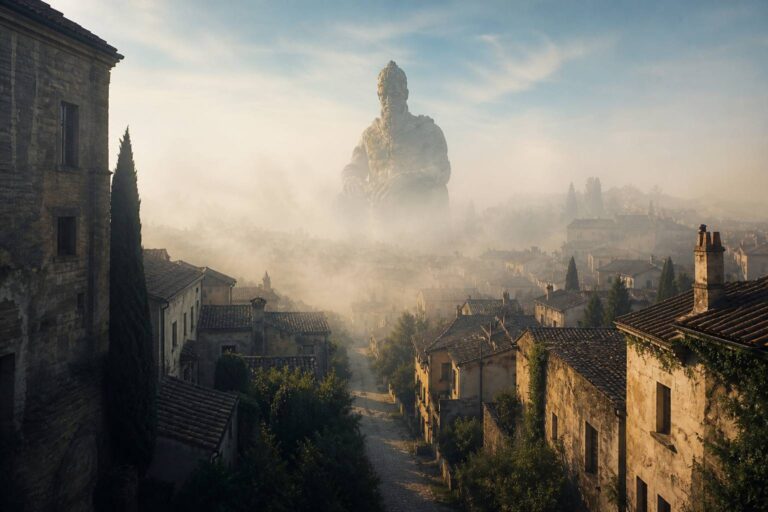 Vieille ville de Prague dans la brume avec statue de pierre massive