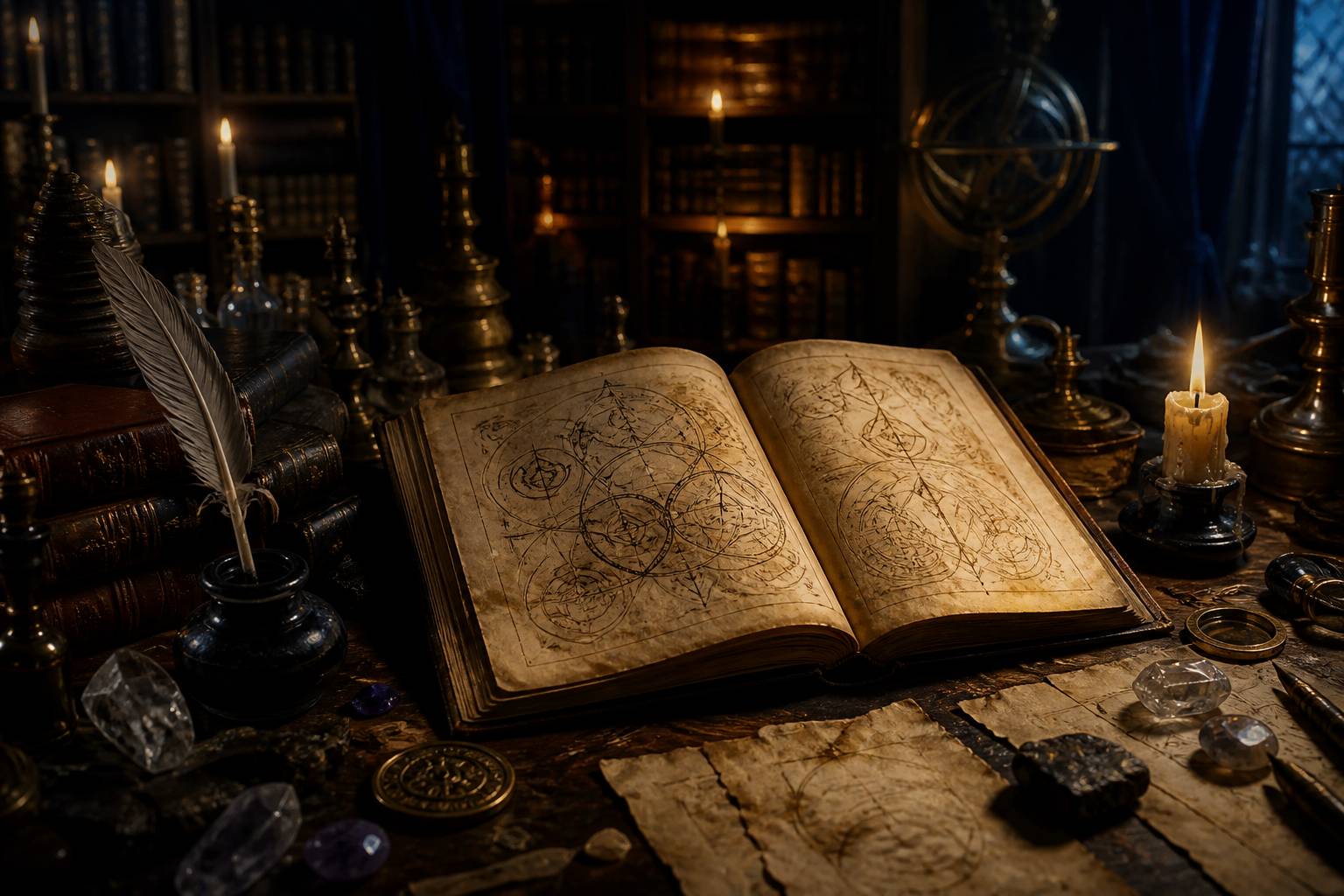 Grimoire ancien ouvert avec des symboles et un encrier