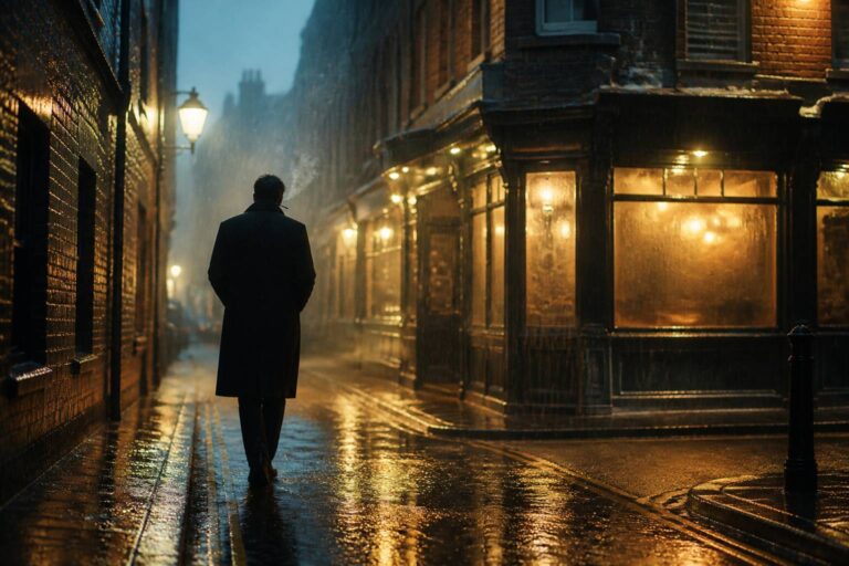 Silhouette en manteau dans une ruelle londonienne pluvieuse au crépuscule