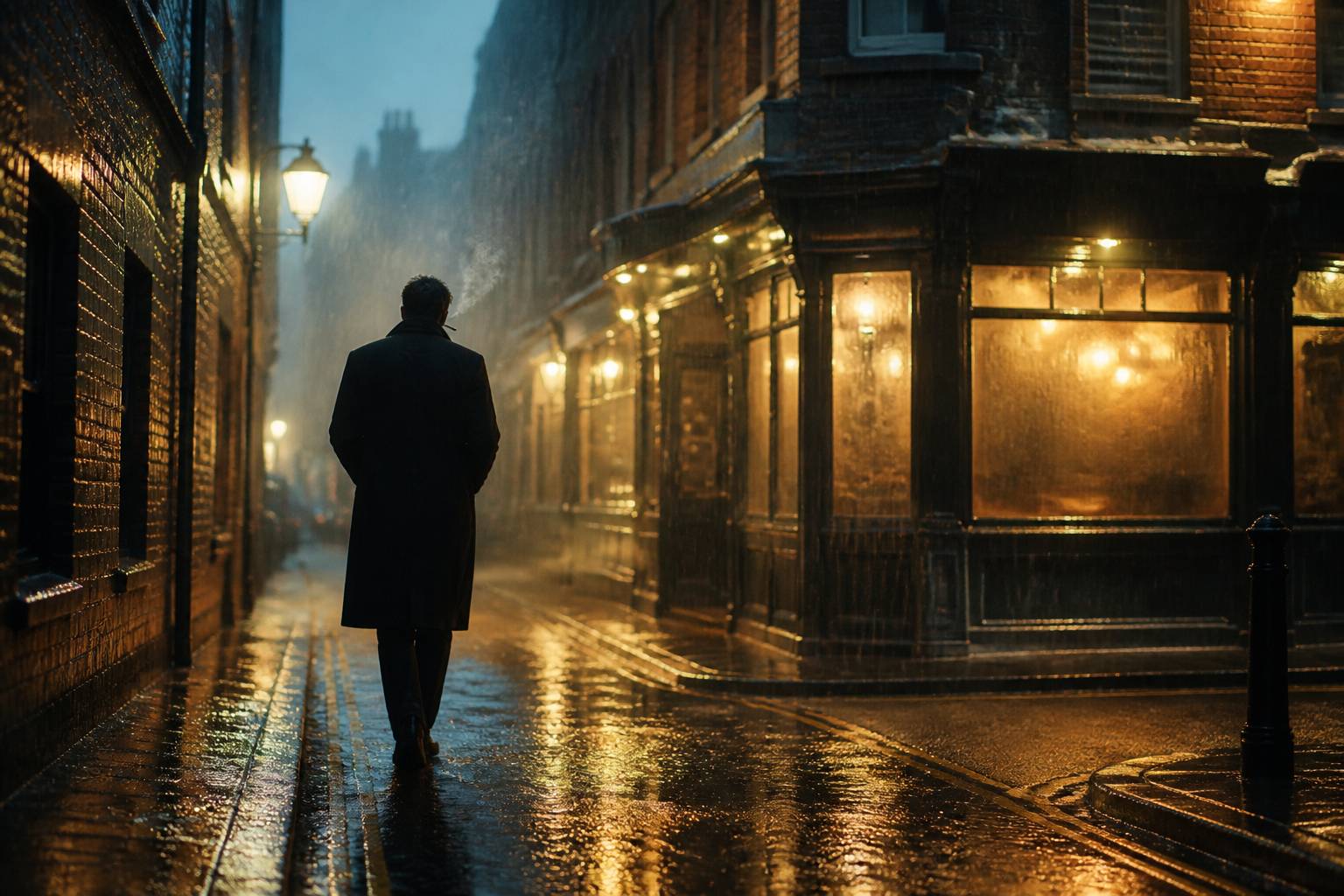 Silhouette en manteau dans une ruelle londonienne pluvieuse au crépuscule