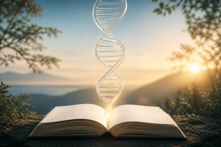 Double hélice d'ADN stylisée émergeant d'un livre ouvert