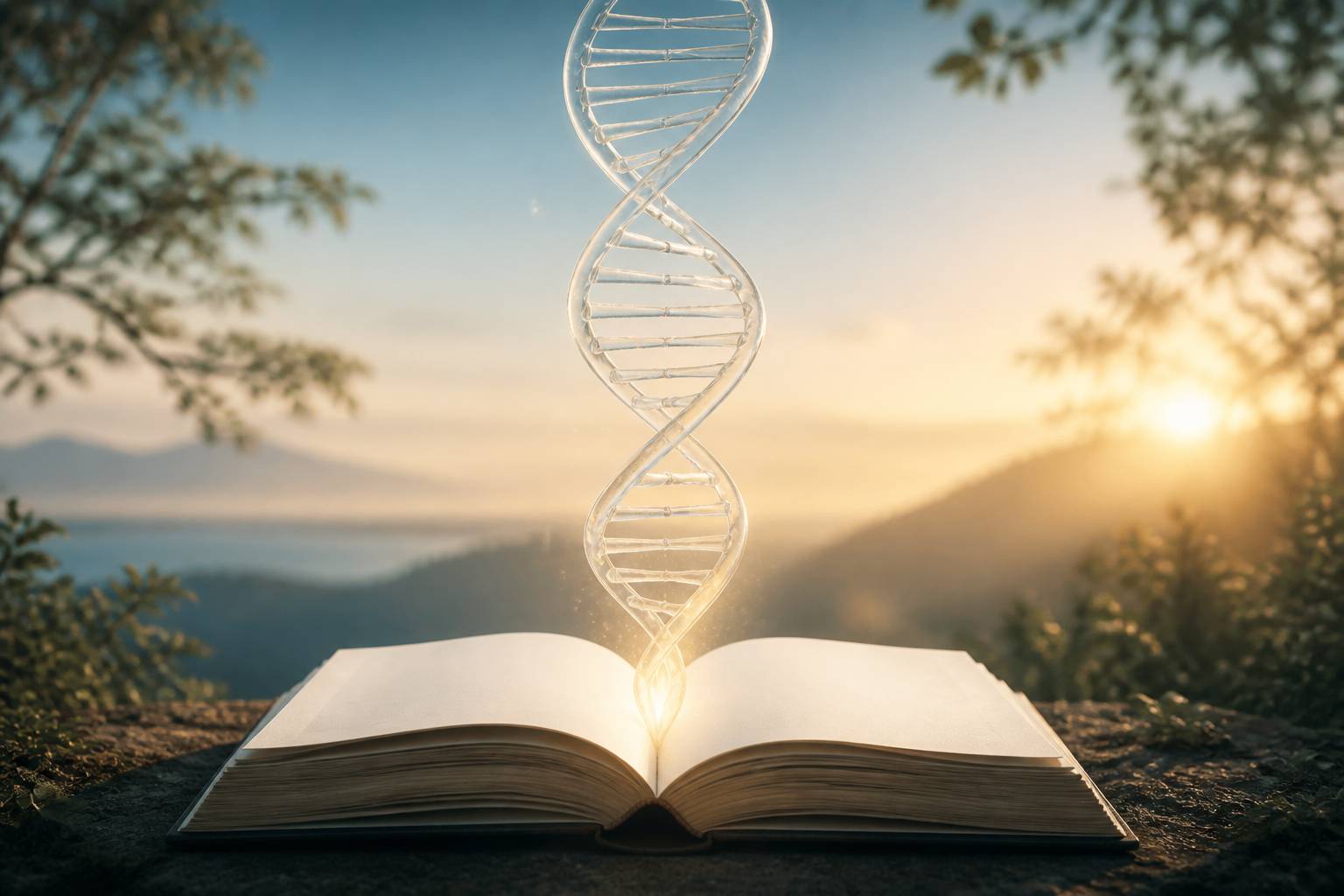 Double hélice d'ADN stylisée émergeant d'un livre ouvert