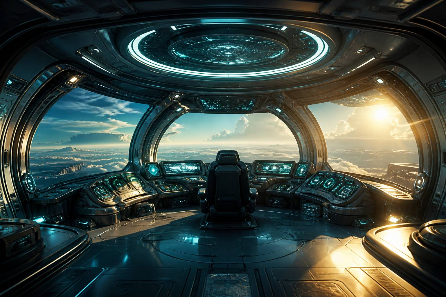 Intérieur de vaisseau futuriste avec siège de pilotage et écrans