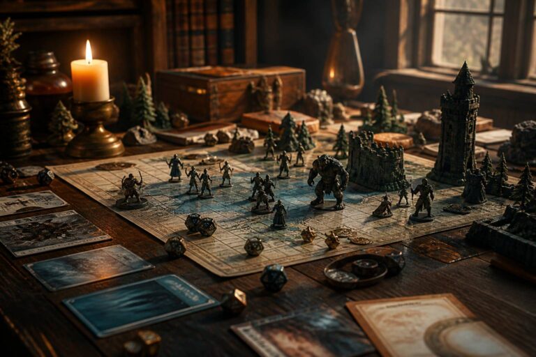 Jeu de plateau médiéval-fantastique avec des figurines génériques et des dés sur une table