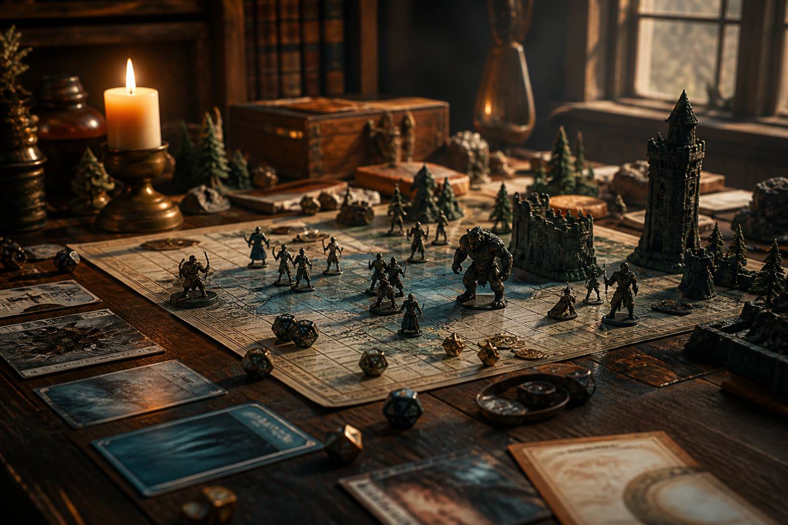 Jeu de plateau médiéval-fantastique avec des figurines génériques et des dés sur une table