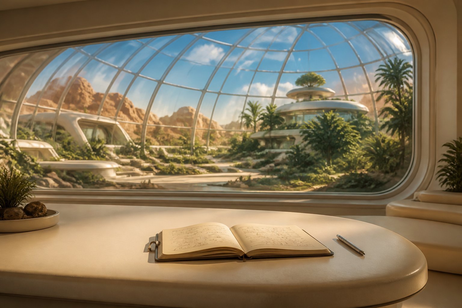 Carnet de bord sur table près d'une baie vitrée d'habitat futuriste, jardin intérieur doré sous dôme