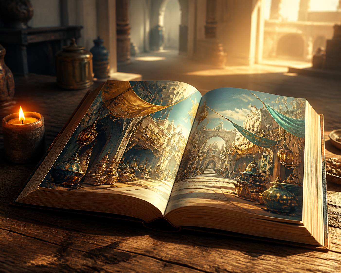 Livre de fantasy ouvert avec illustration de souk éclairé à la bougie