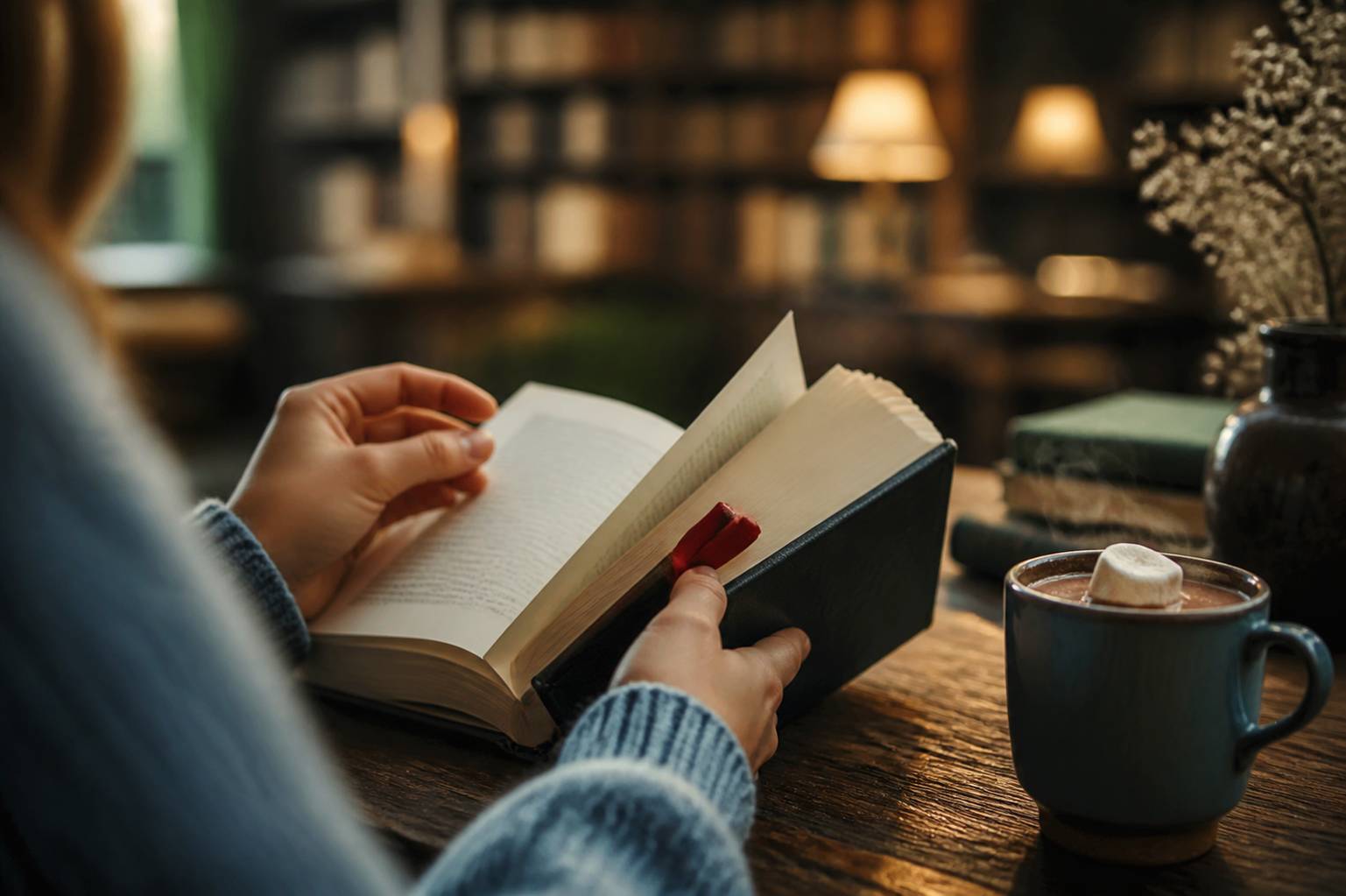 Mains tournant les pages d'un livre avec marque-page rouge