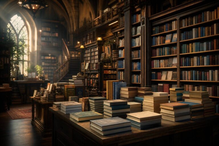 Intérieur chaleureux d'une librairie fantasy avec rayonnages de livres colorés