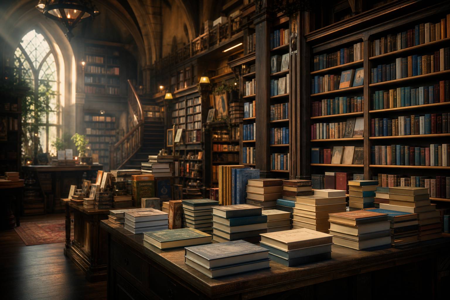 Intérieur chaleureux d'une librairie fantasy avec rayonnages de livres colorés