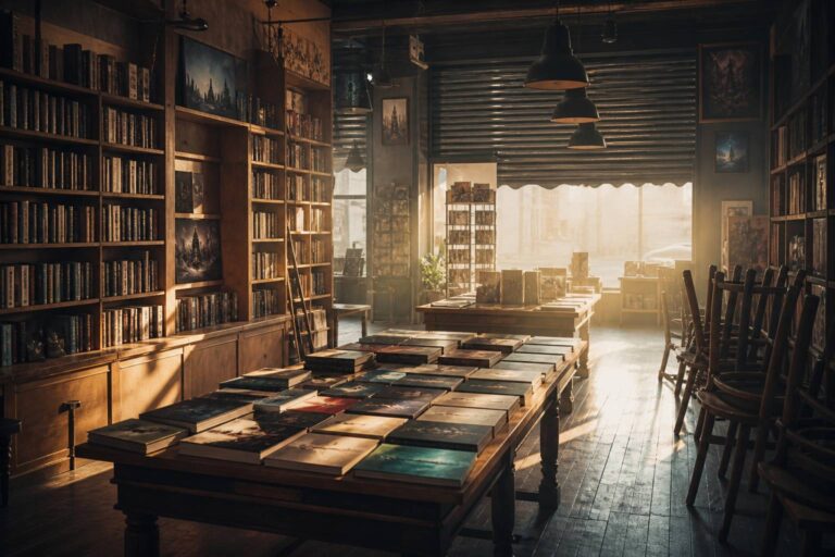 Intérieur d'une librairie indépendante avec rayonnages de livres de fantasy en lumière chaude