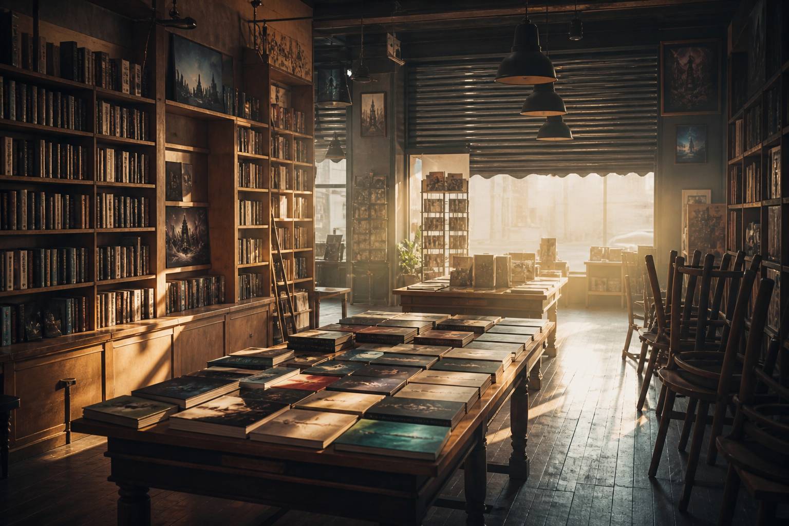 Intérieur d'une librairie indépendante avec rayonnages de livres de fantasy en lumière chaude