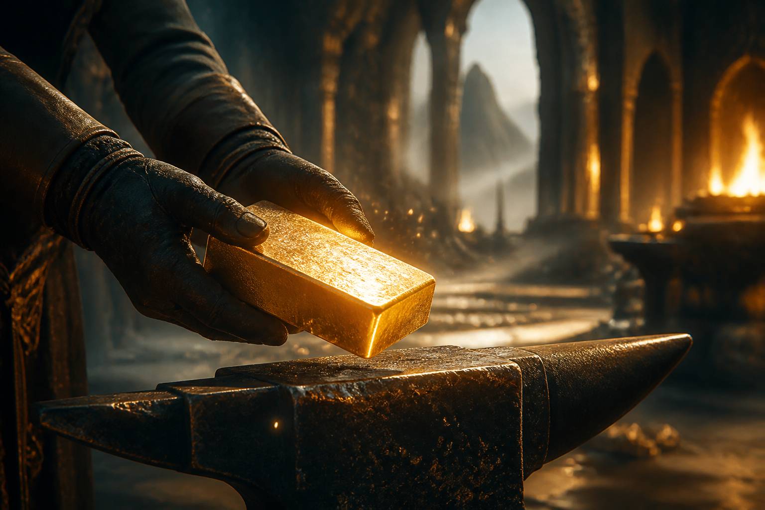 Mains gantées tenant un lingot d'or lumineux au-dessus d'une enclume