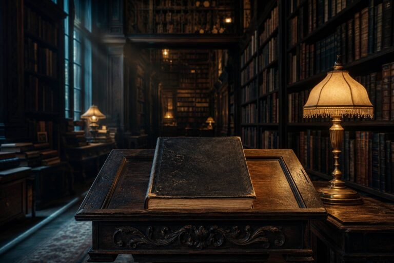 Vieux livre fermé sur lutrin dans une librairie ancienne éclairée