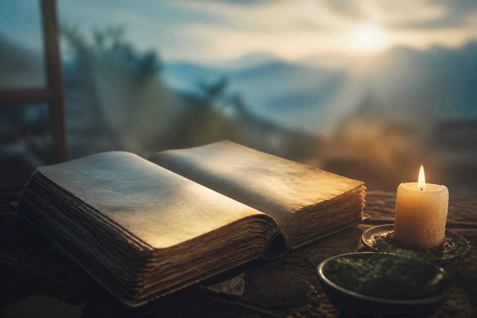 Livre ouvert près d'une bougie sur une table en bois